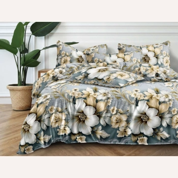 Pościel satynowa 140x200 białe kwiaty na szaro niebieskim tle – komplet premium PK 828 z PRZEŚCIERADŁEM